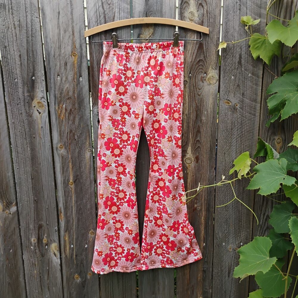 Floral Bell Bottom Flare Pants Stretchy Girls Size 8Y Pink Red Retro 70s Groovy